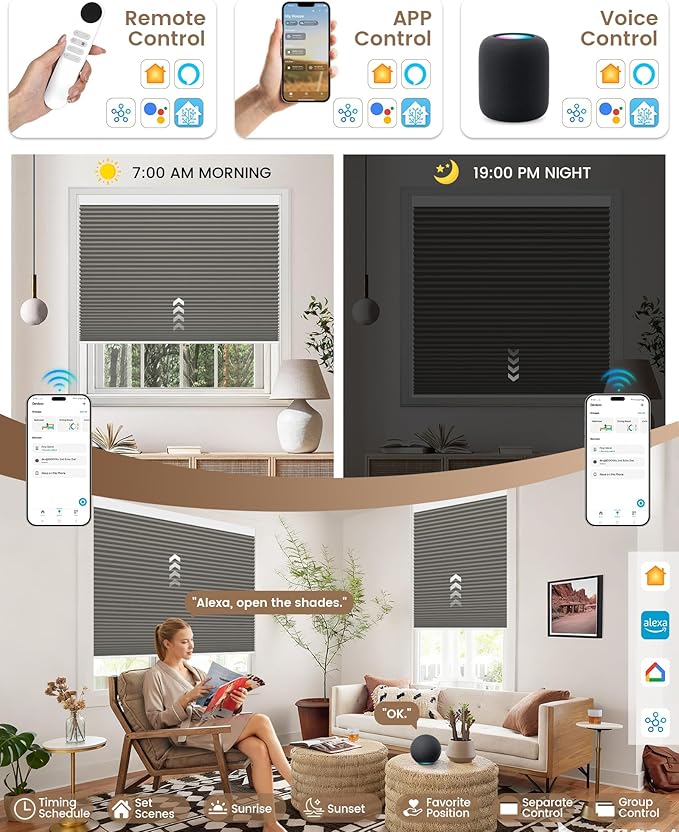 Kincmo Motorized Cellular Shades, Custom Motorized Blinds with Remote, Cordless Smart Electric Honeycomb Blinds Work with Apple HomeKit, Alexa, Google (100%-Blackout-Single-Cell Grey)