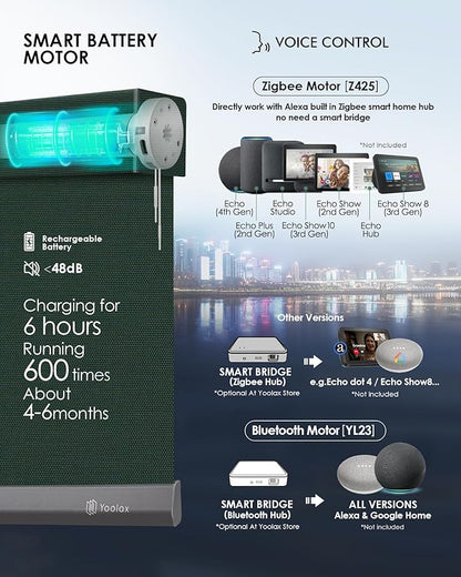 Yoolax Motorized Solar Shades Light Filtering Motorized Blinds with Remote Smart Blinds Compatible with Alexa, Google, Flame Retardant Roller Shades for Windows, Customized (3% Openness Jade Green)