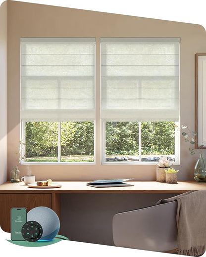 Yoolax Motorized Roman Shades with Remote, Smart Roman Shades for Windows, Semi Sheer Automatic Blinds Work with Alexa, Google, Apple Homekit for Living Room, Dining Room, Customized (Starry White)