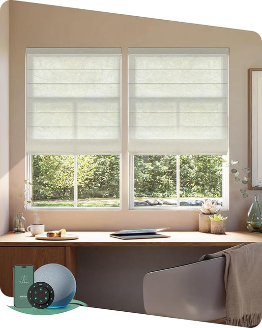 Yoolax Motorized Roman Shades with Remote, Smart Roman Shades for Windows, Semi Sheer Automatic Blinds Work with Alexa, Google, Apple Homekit for Living Room, Dining Room, Customized (Starry White)