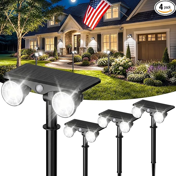 Large Solar Spot Lights Outdoor Motion Sensor 4 Pack,2 Modes Waterproof Landscape Lighting for Yard Garden Pathway,2-in-1 Wall&Spot LED Lights with 360° Adjustable Dual Heads(Cool White)