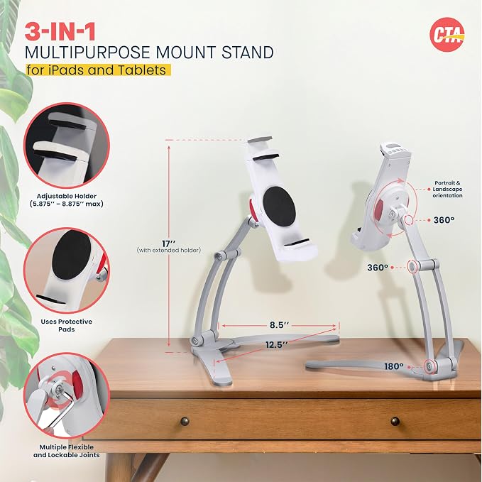 CTA Digital 3-in-1 iPad Tablet Mount – Multipurpose Universal Kitchen Mount Holder for All iPad Tablets 7-13" - Made for Wall - Under Cabinet & Desk - Silver (PAD-KMS)