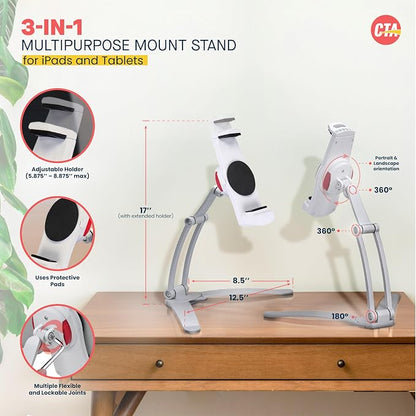 CTA Digital 3-in-1 iPad Tablet Mount – Multipurpose Universal Kitchen Mount Holder for All iPad Tablets 7-13" - Made for Wall - Under Cabinet & Desk - Silver (PAD-KMS)