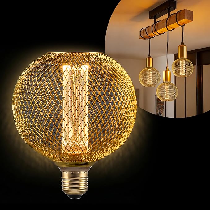Unique Fancy Vintage Decorative LED Bulb, Special Gold Mesh Globe Edison Light,Dimmable Cozy Glow for Art Decor, E26 Base, 3.5W Cozy Warm White 2200k, Energy Efficient