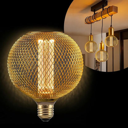 Unique Fancy Vintage Decorative LED Bulb, Special Gold Mesh Globe Edison Light,Dimmable Cozy Glow for Art Decor, E26 Base, 3.5W Cozy Warm White 2200k, Energy Efficient