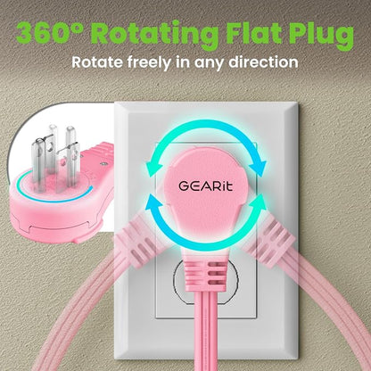 GEARit 6 ft 360° Rotating Flat Plug Extension Cord, 3 Outlet Low Profile Power Cord, 16 AWG 13A 3 Prong Grounded Indoor Cord, ETL Listed, Space-Saving for Furniture, Pink