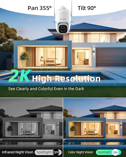 MaxiViz 2K Solar Camera Security Outdoor, 100% Wire-Free Security Cameras Wireless Outdoor with Solar Panel, 360° Panoramic View, Color Night Vision, AI Motion Detection, IP66 Weatherproof, 2 Pack