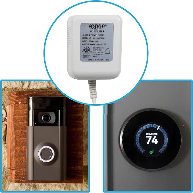 HQRP C Wire Adapter 24V AC Transformer - 25 ft Cable - ETL Listed - Compatible with Ecobee Nest Honeywell Emerson Smart Thermostats and Ring Wyze Blink Video Doorbells