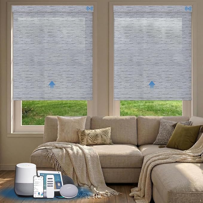 Motorized Blinds with Remote, Light Filtering Smart Blinds for Windows Automatic Roller Shades Compatible with Alexa, Motorized Shades Customized for Living Room Home Office (Jacquard Grey)