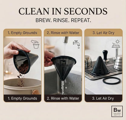 Barista Warrior Reusable Coffee Filter - Stainless Steel Pour Over Dripper, Compatible for Chemex, Hario V60 & Drippers, Easy to Clean Flavorful Brew Fine Mesh Coffee Filter - Black Titanium