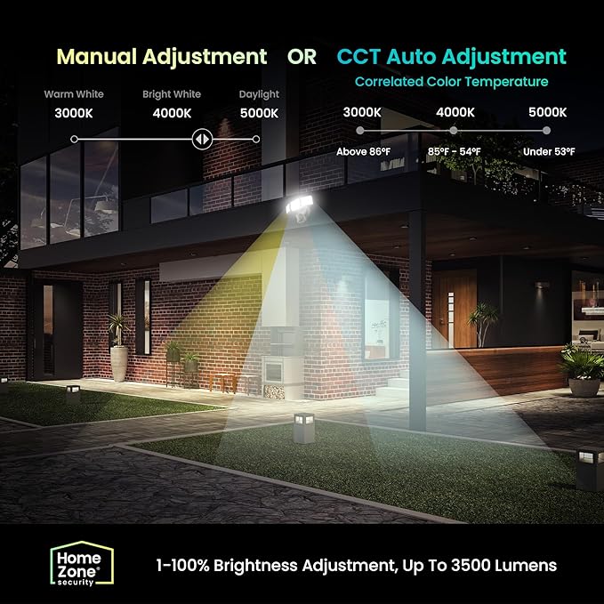Home Zone Security Smart Flood Lights 3500 Lumens, 5000K Super Bright Security Light, 3 Adjustable Heads, Remote Control from App, Weather Resistant, Motion Sensor, Adjustable Color Temperature
