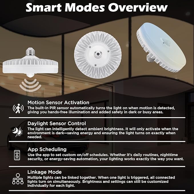 2 Packs18W Smart Commercial Garage LED Light Bulb, Motion Sensor & Bluetooth App Control (iOS), 120-277V, 1900 Lumens, E26 Base, 3000K-5000K Tunable, 1-100% Dimmable