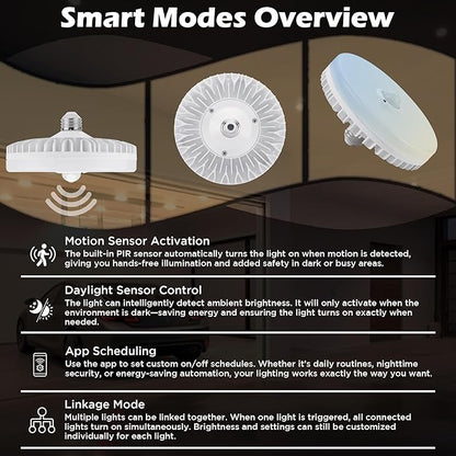 2 Packs18W Smart Commercial Garage LED Light Bulb, Motion Sensor & Bluetooth App Control (iOS), 120-277V, 1900 Lumens, E26 Base, 3000K-5000K Tunable, 1-100% Dimmable