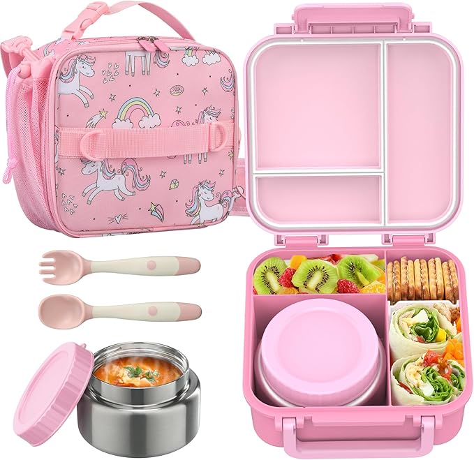 JOOPETALK Bento Lunch Box Set for Kids with 9oz Soup Thermo, Insulated Lunch Bag,Leak-proof BPA-free Lunch Food Container with 3-4 Conpartments for School Travel-Pink