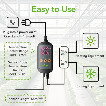 BN-LINK Smart WiFi Digital Temperature Controller Heating Cooling, Works with Alexa and Google Home. For Reptiles Aquarium Carboy Homebrew Breeding Fermenter Seed Germination °C/°F -40-176°F 15A/1875W