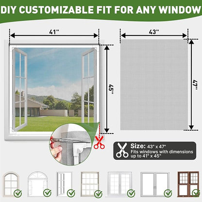 HOFUDON Window Screen Adjustable Magnetic Window Screen Replacement Max 43” x 47”, DIY Fiberglass Mesh Window Screens for House Windows White Frame Grey Mesh