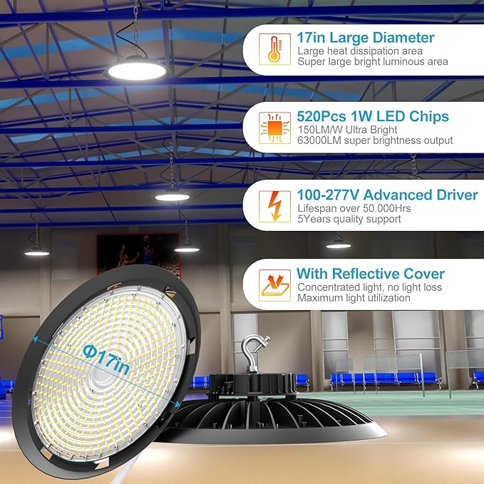 420W LED High Bay Light 5000K Daylight UFO Commercial Bay Light AC100-277V, 63000LM (1680W MH/HPS) High Bay LED Shop Lights with Plug and US Hook-4Pack