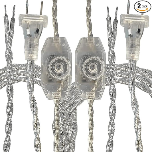 Royal Designs, Inc. 8Ft Twisted Rayon Lamp Cord with NEMA-15P Plug, Rotary Dimmer Switch, Stripped Ends Ready for Wiring, SPT-1 UL Listed, Silver - Pack of 2