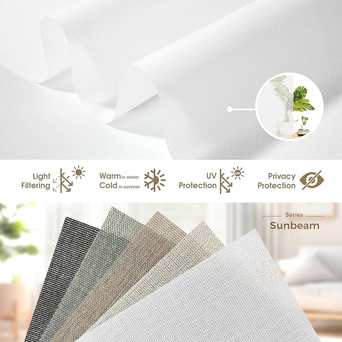 HeyBlinds Motorized Blinds with Remote, Smart Roller Shades with App & Voice Control, Work with Alexa Google HomeKit, Light Filtering Custom Shades for Living Room Office (Sunbeam-Perla White LF)