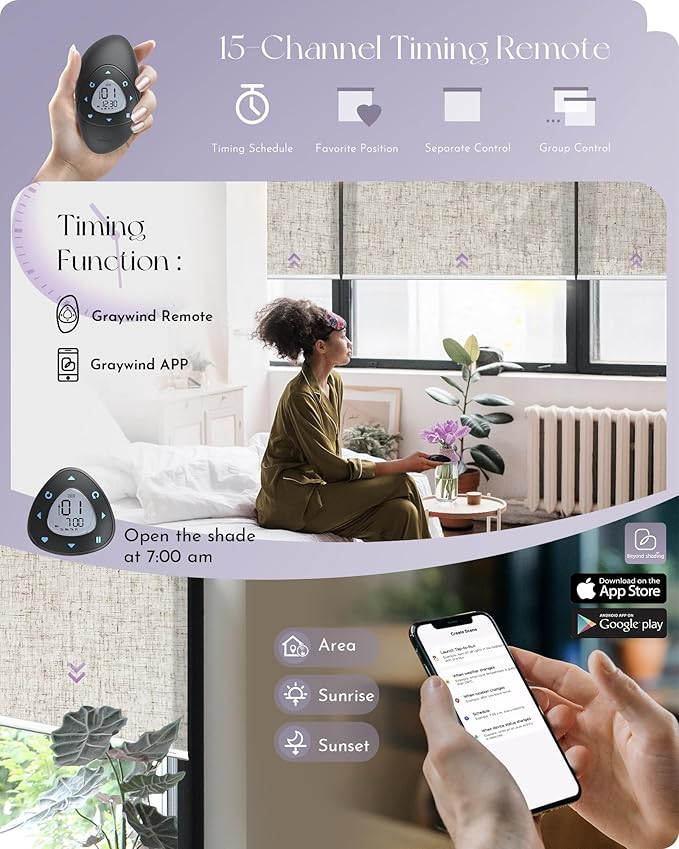 Graywind Motorized Light Filtering Shades Compatible with Alexa Google Rechargeable Remote Control Smart Blinds Automatic Window Shade with Valance for Home Office, Custom Size (Linen Beige)