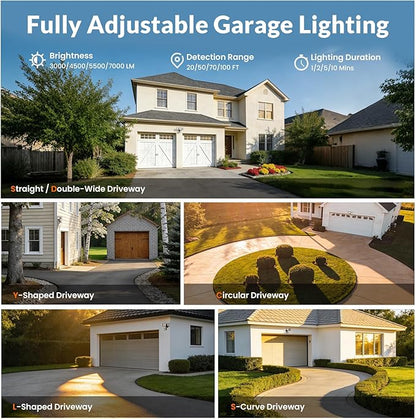 LEPOWER-TEC Zero Blind Spots Outdoor Security Light with 240° & 100ft Dual PIR Motion Sensor, 7000LM Adjustable Flood Light Brightness for Garage Driveway, Dusk to Dawn, IP65, Easy Hardwired Install