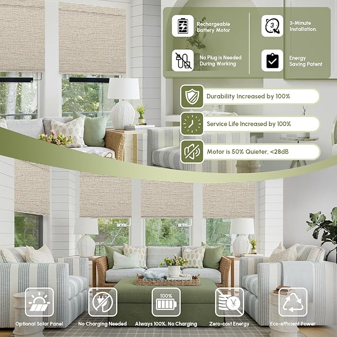 FineTell Motorized Blinds with Remote, 100% Blackout Roller Shades Compatible with Alexa,Apple Homekit,Google Home APP and Voice Control, Customized Electric Blinds (100% Blackout Classic Sandy)