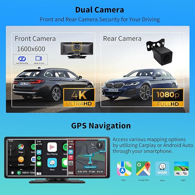 SCUMAXCON 10.26" Portable Car Stereo Wireless Carplay Android Auto 4K Dash Cam IPS Touchscreen Backup Camera Loop Recording GPS Navigation Bluetooth FM AUX Built in Speaker Car Audio Receiver