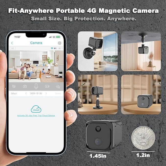 4G LTE Cellular Small Security Camera, No WiFi Security Camera with Night Vision, PIR Motion, SIM Card, 15-Day Battery Standby, Portable Magnetic Survelliance Cam for RV, Indoor, Barn, Farm
