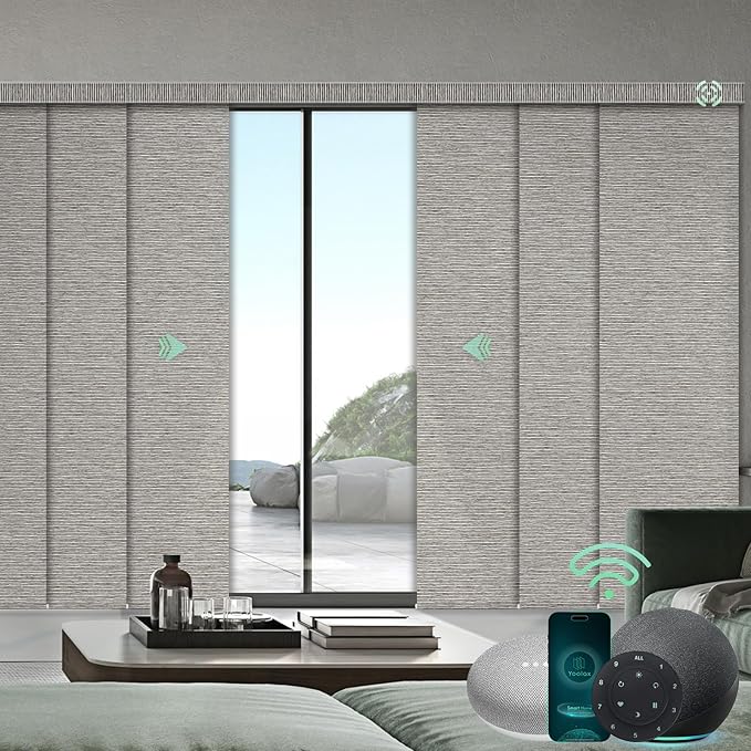 Yoolax Custom XL Smart Sliding Door Blinds, Motorized Sliding Panel Blinds Compatible with Alexa, Fabric Blackout Vertical Rechargeable Battery Shades for Glass Doors(Wood Stripe Brown)