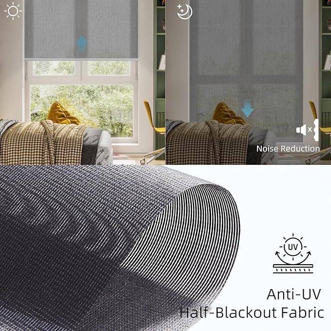 SmartWings Motorized Light Filtering Shades, Work with Homekit, Alexa Google, 50% Blackout PVC Free Smart Blinds for Windows, Cordless Window Shades with Remote, Customized, Charcoal