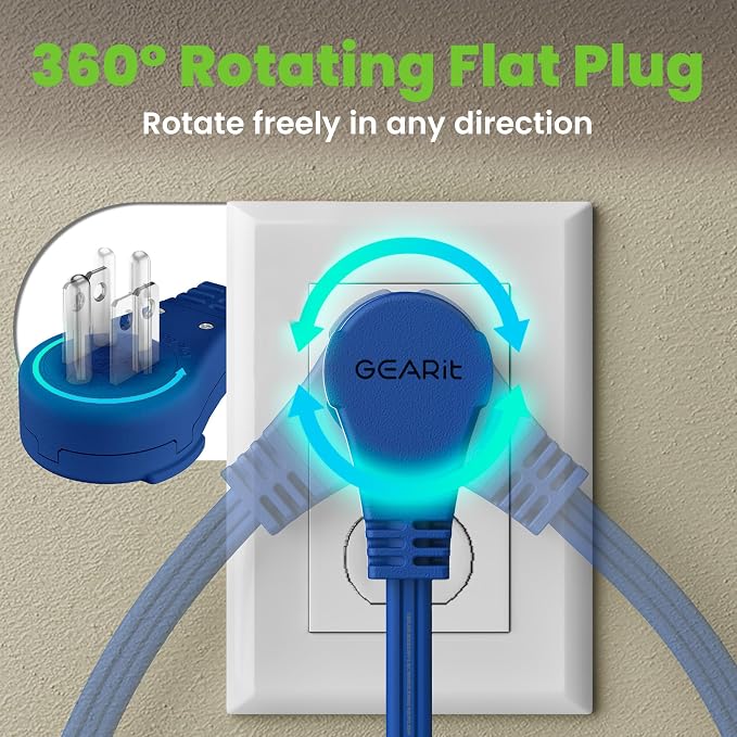 GEARit 2 ft 360° Rotating Flat Plug Extension Cord, 3 Outlet Low Profile Power Cord, 16 AWG 13A 3 Prong Grounded Indoor Cord, ETL Listed, Space-Saving for Furniture, Navy