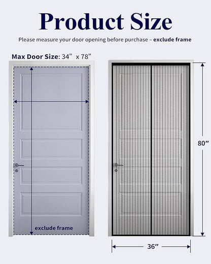 Kitsure Magnetic Screen Door - 36.0 x 80.0 in Retractable Screen Door Mesh for Front Door or Sliding Door, Pet & Kid Friendly, Hands-Free Closure Keeps Bugs Out & Lets Breeze in, Stripe Black