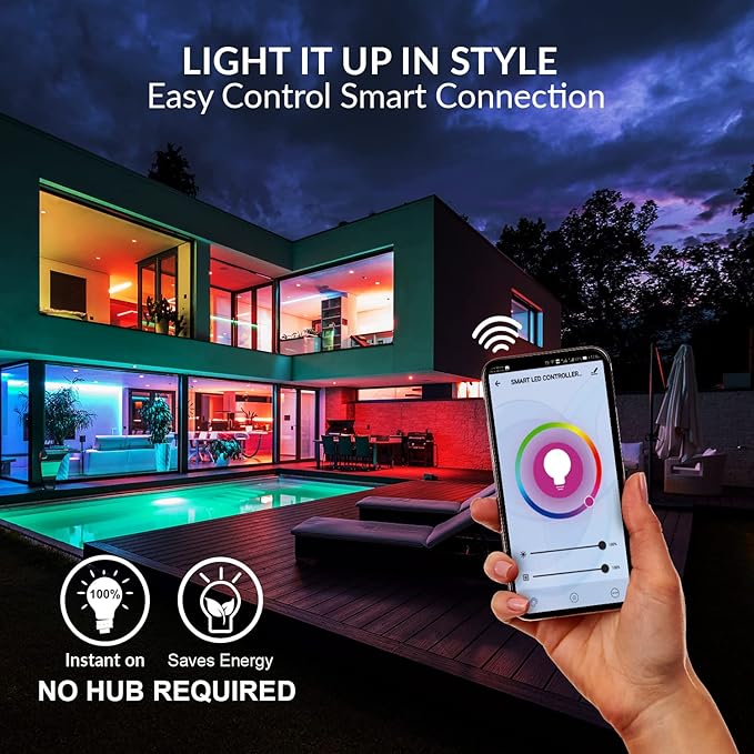 WBM SMART LED Color Changing Lights, Compatible with Alexa & Google Assistant, RGBW 2700K-6500K, 60 Watt Equivalent Multicolor, Dimmable with App, A19 E26, No Hub Required, 2.4GHz WiFi Only, 4 Counts
