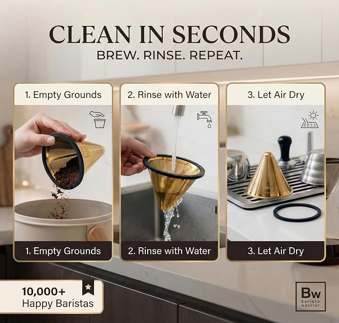 Barista Warrior Reusable Coffee Filter - Stainless Steel Pour Over Dripper, Compatible for Chemex, Hario V60 & Drippers, Easy to Clean Flavorful Brew Fine Mesh Coffee Filter - Gold