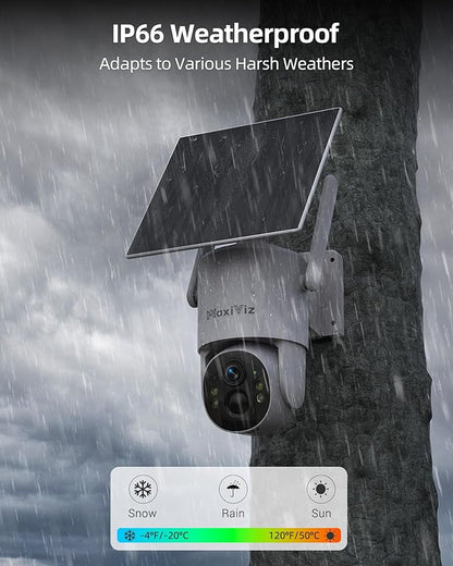 MaxiViz 4G LTE Outdoor Solar Powered Cellular Security Camera Wireless, Off-Grid Camera No WiFi Required, 2.5K UHD Color Night Vision, 360° Live View, Local/Cloud Storage, IP66 Weatherproof, SIM Card