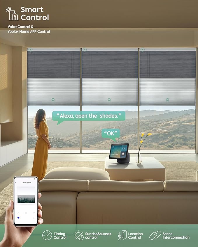 Yoolax Smart Motorized Day and Night Cellular Shades with Remote, Top Down Bottom Up Blinds Compatible with Alexa, Honeycomb Blinds (Black Light Filtering+White Blackout)