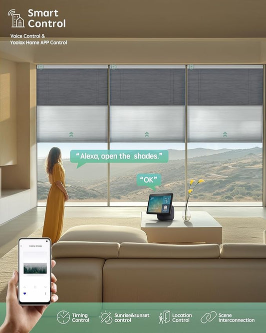 Yoolax Smart Motorized Day and Night Cellular Shades with Remote, Top Down Bottom Up Blinds Compatible with Alexa, Honeycomb Blinds (Black Light Filtering+White Blackout)