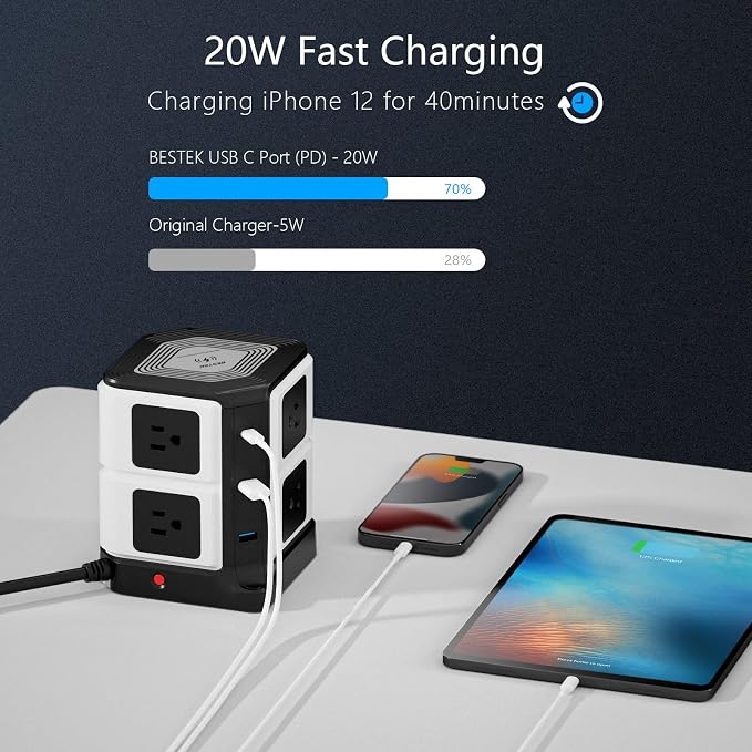 PD 20W USB C Power Strip with Wireless Charger BESTEK 8-Outlet Surge Protector and 30W 3-Port USB Charging Dock Station,4000 Joules,ETL Listed,Dorm Room Accessories (8AC+3USB+Wireless Charger-Black)