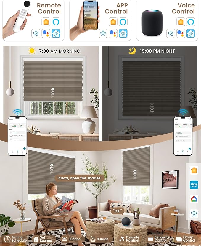 Kincmo Motorized Cellular Shades, Custom Motorized Blinds with Remote, Cordless Smart Electric Honeycomb Blinds Work with Apple HomeKit, Alexa, Google (75%-Blackout-Single-Cell Coffee)