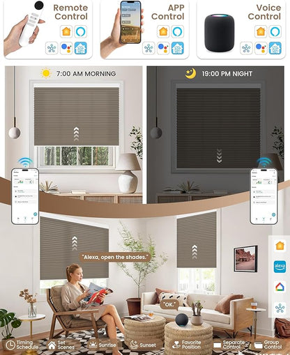 Kincmo Motorized Cellular Shades, Custom Motorized Blinds with Remote, Cordless Smart Electric Honeycomb Blinds Work with Apple HomeKit, Alexa, Google (75%-Blackout-Single-Cell Coffee)