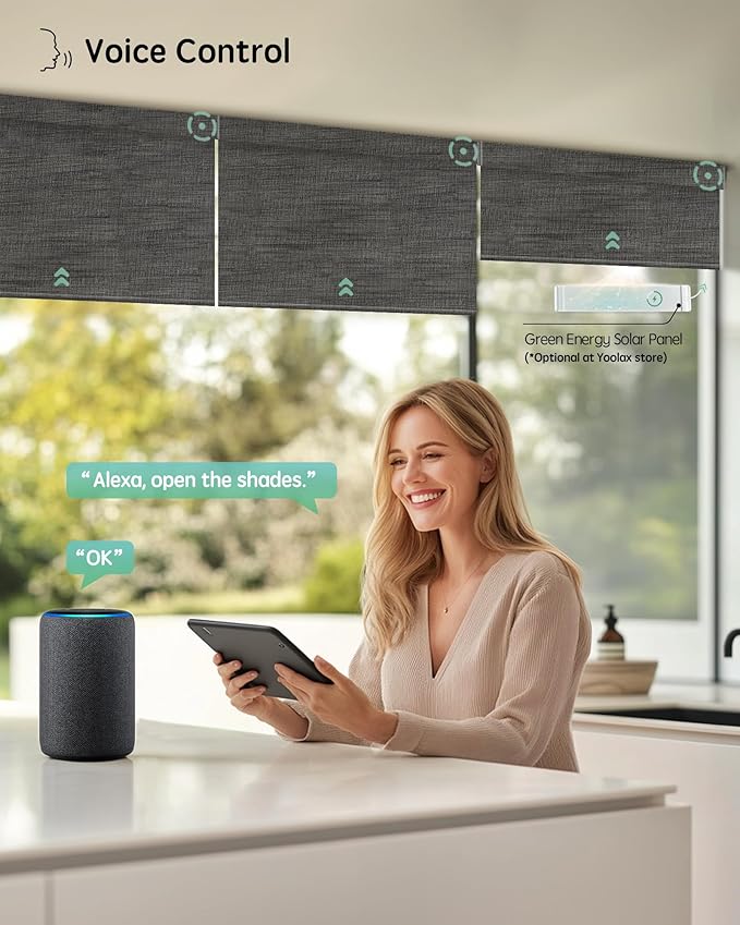 Yoolax Motorized Blinds with Remote, Designer Smart Blinds Work with Alexa, Google, Apple Homekit, 100% Blackout Motorized Shades Custom Electric Shades Voice Control (V-Canyon Black Brown)