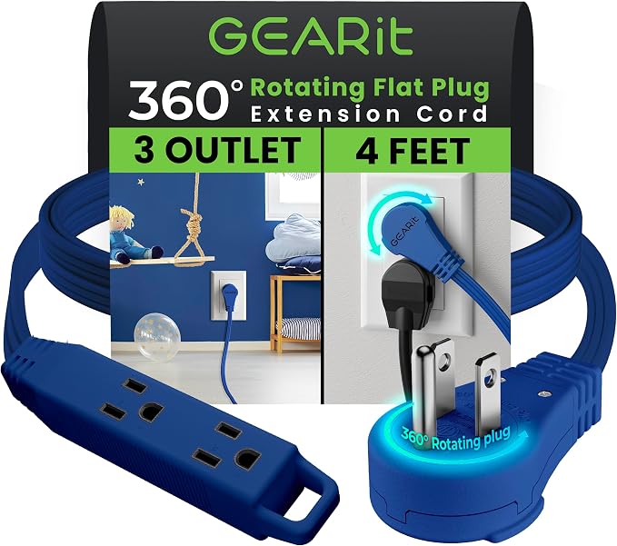 GEARit 4 ft 360° Rotating Flat Plug Extension Cord, 3 Outlet Low Profile Power Cord, 16 AWG 13A 3 Prong Grounded Indoor Cord, ETL Listed, Space-Saving for Furniture, Navy