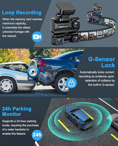 Dash Cam 4 Channel 360° Front Rear Inside DashCam, 4K Full HD Dashcam Car Camera, Free 128GB Card, Built-in Wi-Fi GPS Dashcams, 3.18” IPS Screen, WDR Night Vision, 24H Parking Mode (XJDC001)