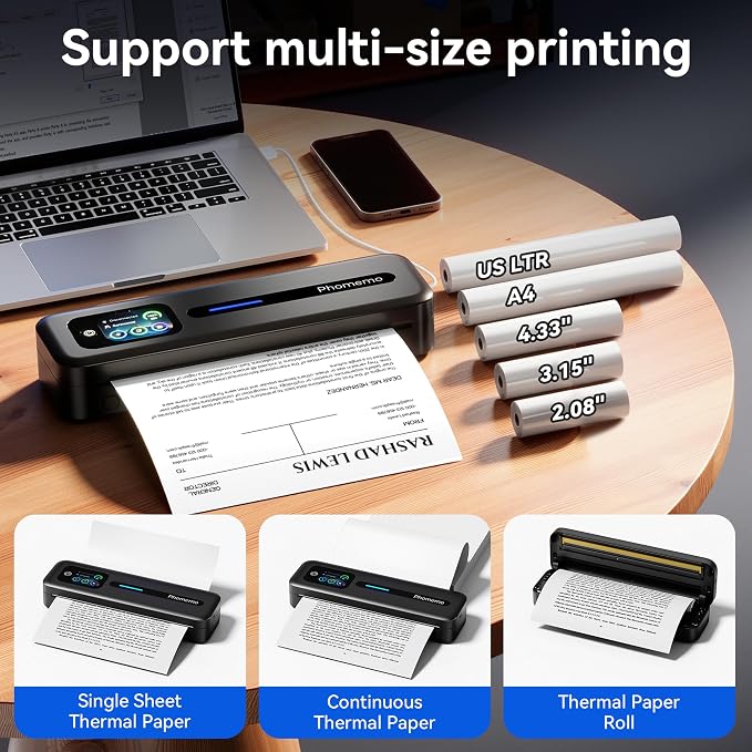 Phomemo M832D Touchscreen Portable Printer Inkless Thermal Wireless Travel | 8.5 x 11 & A4 Size, 300DPI, Bluetooth Small Mobile Compact Printer for Phone/Laptop/Tablet, for Home/Car/School/Office, Black