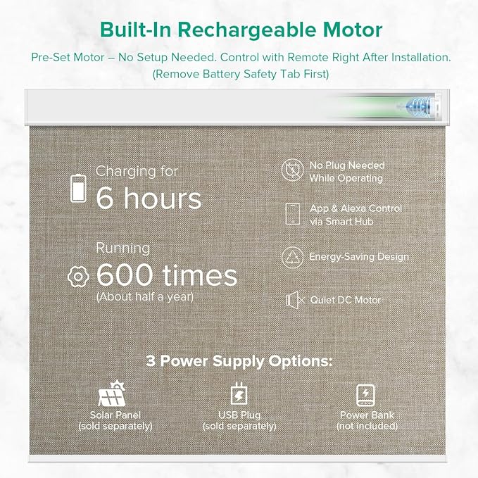Motorized Roller Shades, 10O% Blackout Remote Control Custom Window Shades Compatible with Alexa Google Assistant via RF Hub, Rechargeable Electric Blinds for Windows (Fabric Dark Coffee)