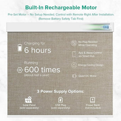 Motorized Roller Shades, 10O% Blackout Remote Control Custom Window Shades Compatible with Alexa Google Assistant via RF Hub, Rechargeable Electric Blinds for Windows (Fabric Dark Coffee)