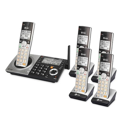 AT&T CL83507 DECT 6.0 5-Handset Cordless Phone, Silver/Black | Dual Keypad Base, Smart Call Blocker, Caller ID Announcer, Answering Machine, Intercom
