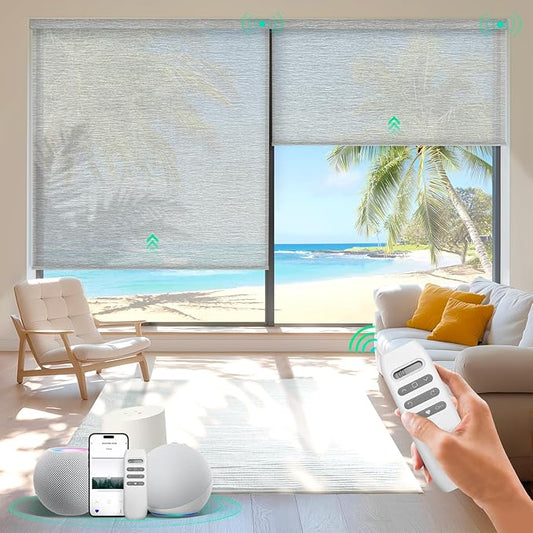 HeyBlinds Motorized Blinds with Remote, Smart Roller Shades with App & Voice Control, Work with Alexa Google HomeKit, Light Filtering Custom Shades for Living Room Office (Light Chaser-Silver Gray LF)
