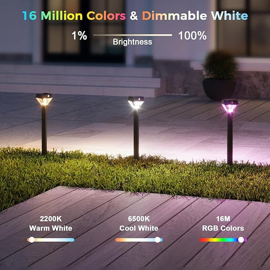 XMCOSY+ Smart Solar Pathway Lights, 150LM Motion Sensor Outdoor Lights, Waterproof, APP Control RGBCW Color Changing Garden Light for Yard Landscape Driveway, Compatible with Alexa, 6 Pack