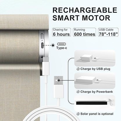 BERISSA Smart Motorized Blinds with Remote,No Drill Automatic Roller Blinds for Indoor Windows,Filter Linen Fabric,Electric Shades for Windows Home Office,See-Through Linen Beige,Custom Size